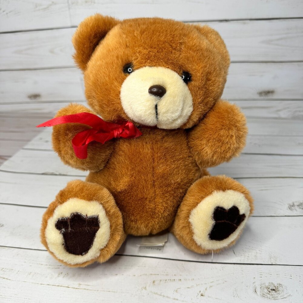 Dan Dee 1990 10" Plush Teddy Bear Brown Red Ribbon FTD Vintage Stuffed Animal